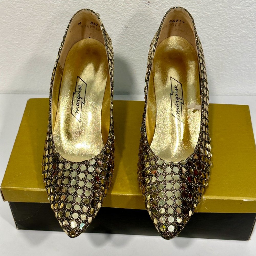 Vintage 70s Marquise Heels Black with Gold Sequins Formal Pumps Womens Size 9 M - Picture 2 of 8